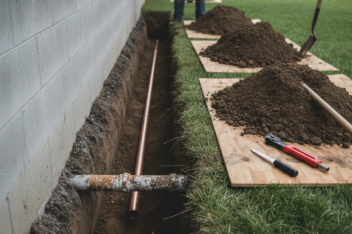 Excavated water line trench during Water Softener Installation in Rupert